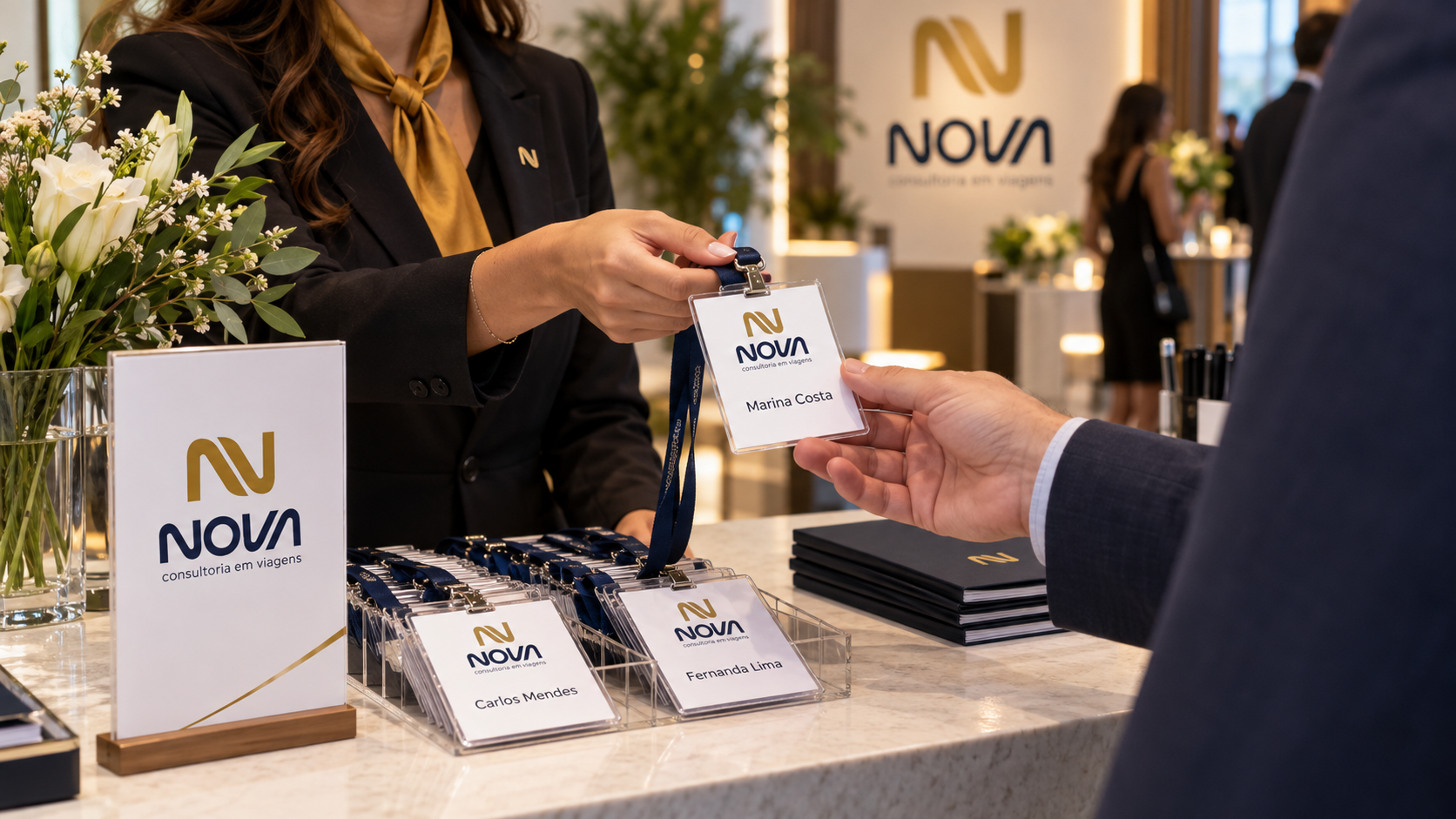 Recepção de um evento corporativo com credenciamento de participantes