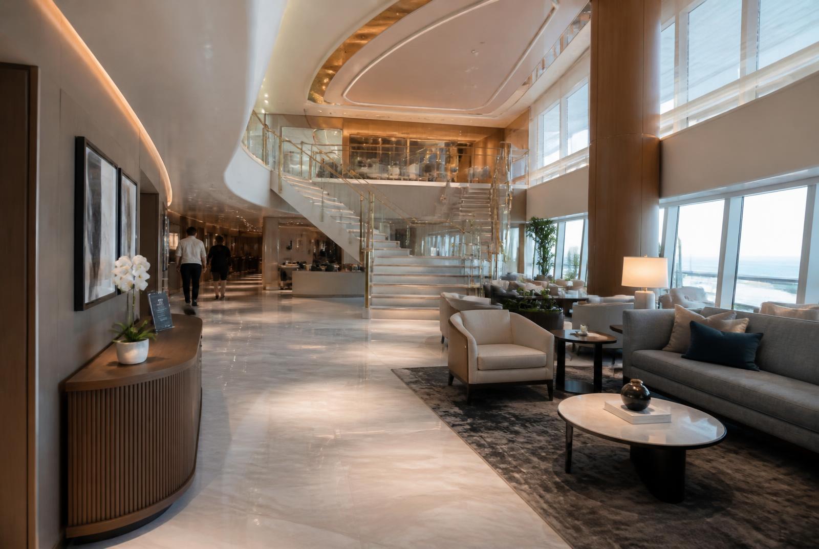 Lobby interno de navio com luz natural