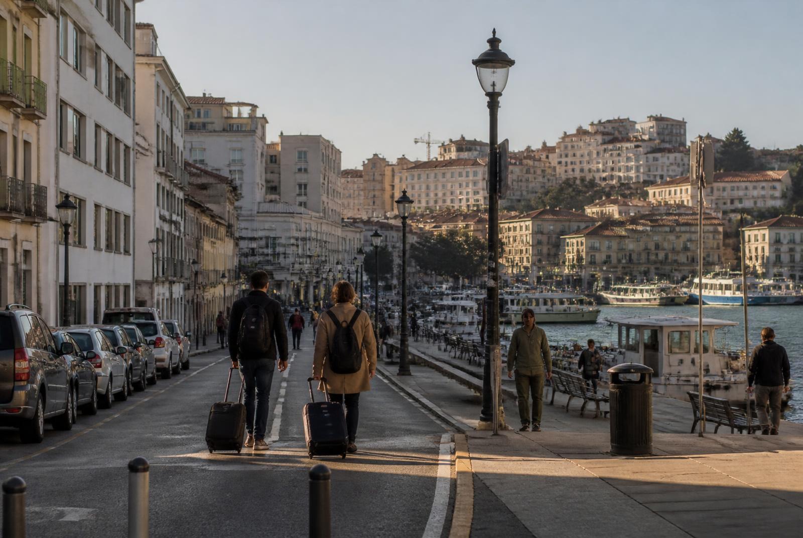 Viajantes caminhando na orla de uma cidade portuária no fim da tarde