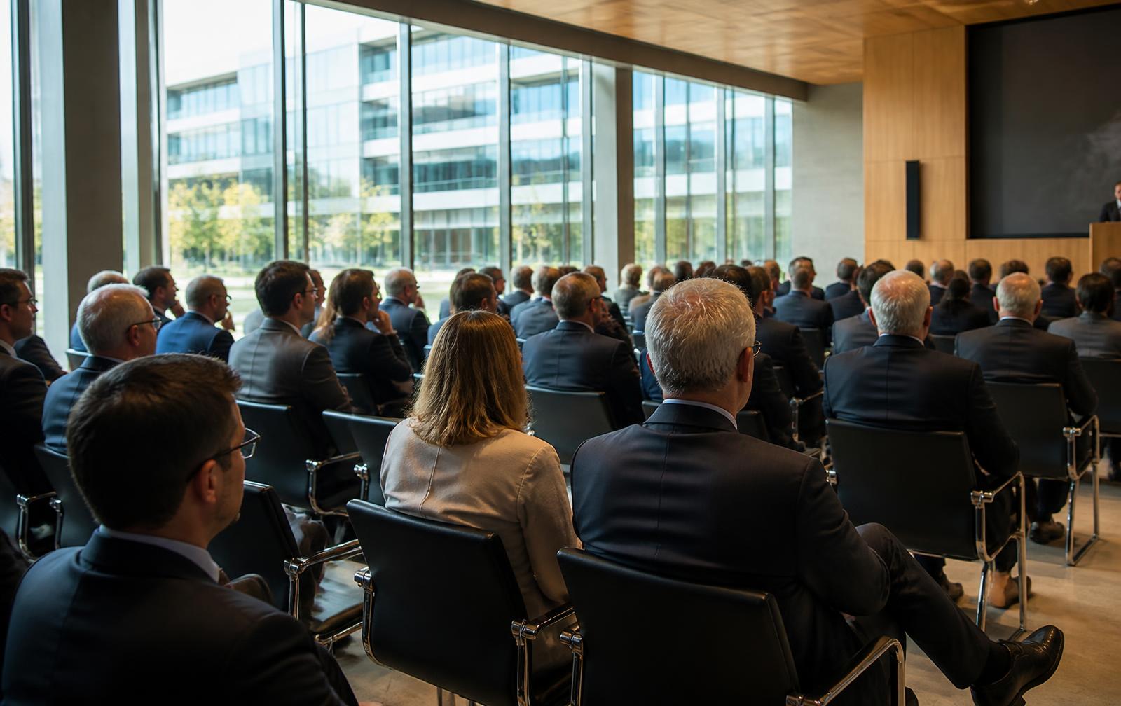 Comitiva empresarial acompanhando uma apresentação na sede de uma empresa