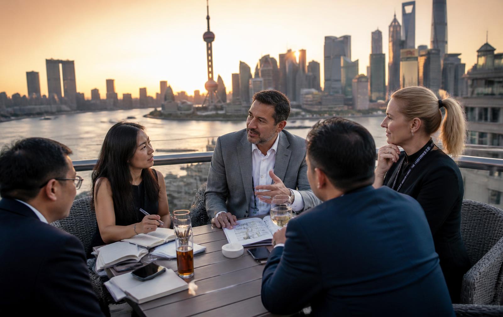 Grupo empresarial conversando ao entardecer com a cidade ao fundo